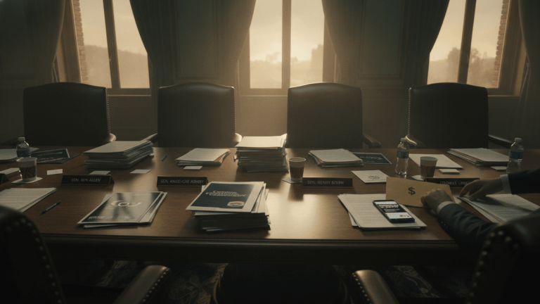 A long conference table with documents, water bottles, and nameplates for senators. A hand places money next to a smartphone.