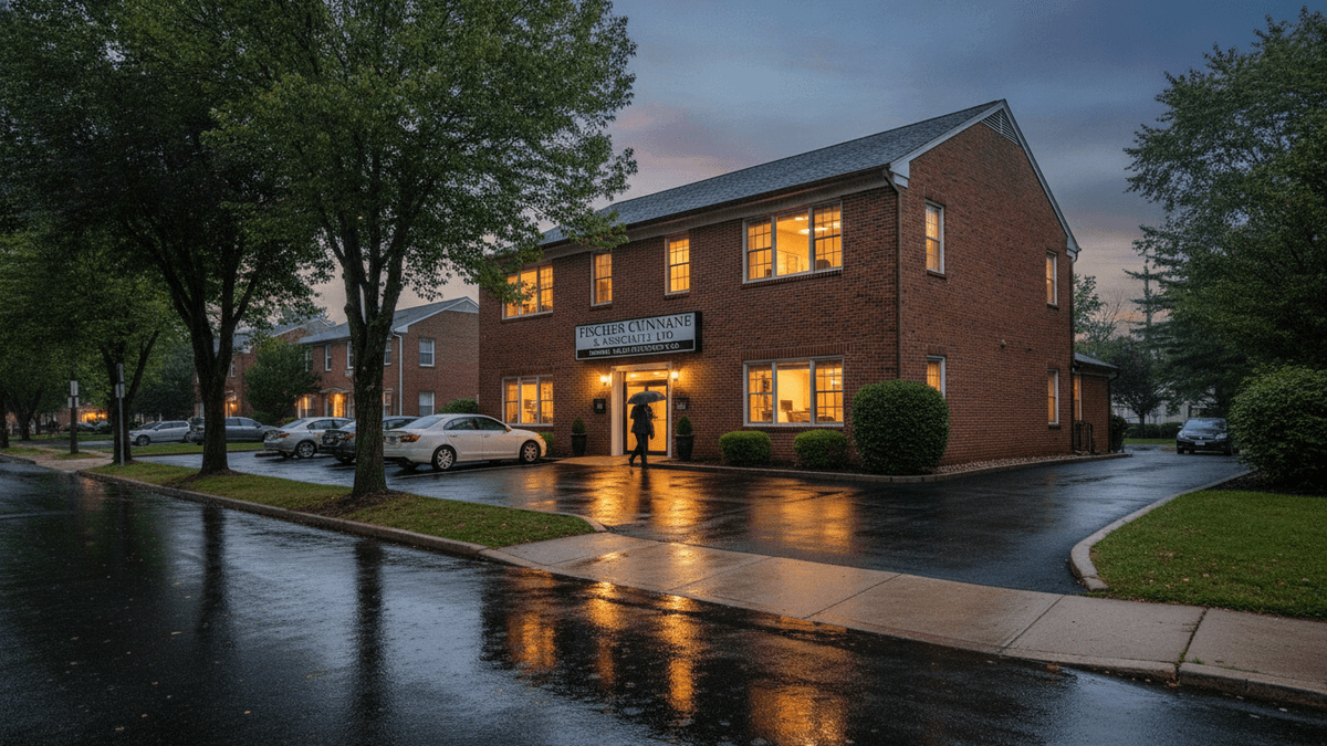 A brick office building with illuminated windows, "Fischer Cunnane & Associates Ltd." signage, and a person with an umbrella at the entrance. The street and parking lot are wet, reflecting the building lights and a dramatic sky.