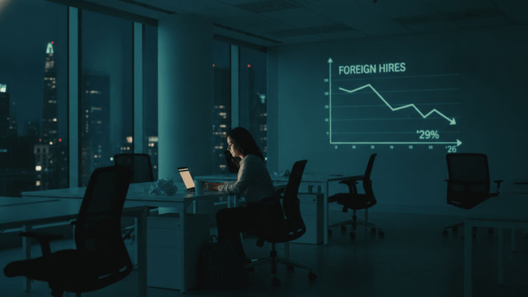 A woman works on a laptop at a desk in a dimly lit office building at night. A graph titled "FOREIGN HIRES" showing a downward trend is projected onto the wall, indicating a significant drop to 29% by '26.