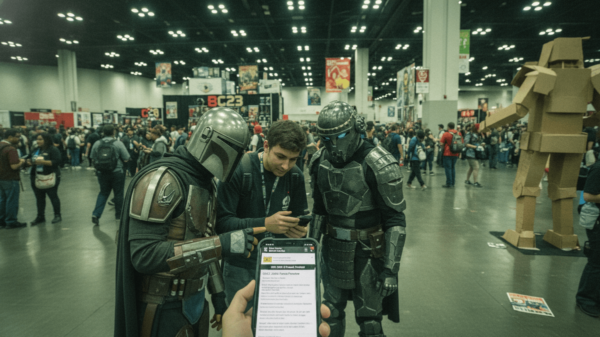 A person in a Mandalorian costume and another in a sci-fi armored costume looking at a smartphone held by an attendee in a crowded convention hall.
