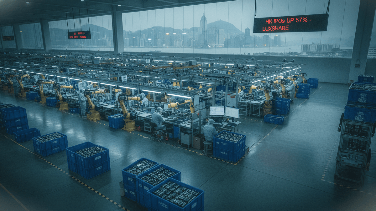 An ultra-realistic editorial photograph of a large, modern electronics factory floor with robotic arms and human workers assembling components. The Hong Kong skyline is visible through large windows in the background. Digital displays show financial information.