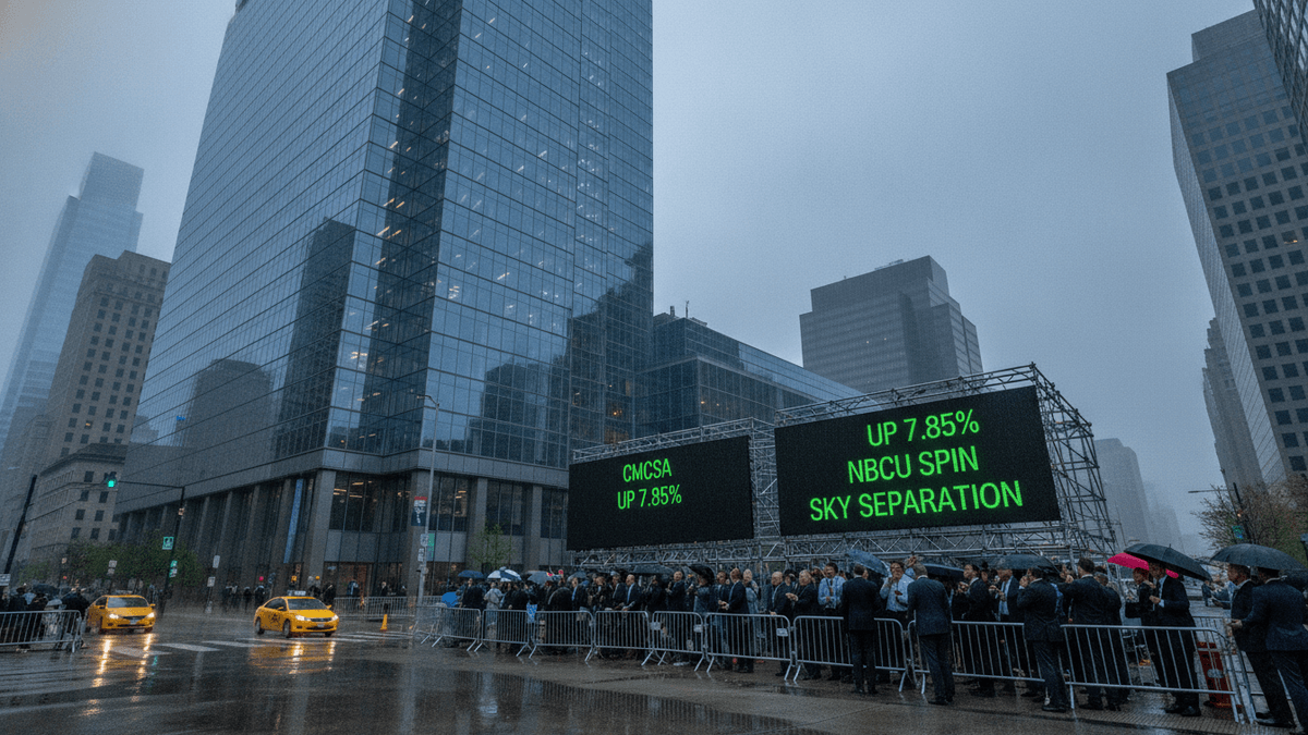 A large crowd of people with umbrellas stand in the rain on a city street, looking at two massive green LED screens displaying stock information.