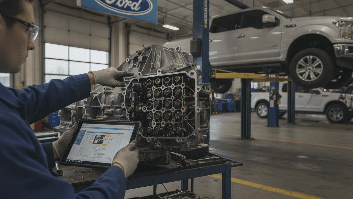 A mechanic in safety glasses and gloves points at an open transmission on a workbench, holding a tablet with diagnostic software. A Ford F-150 is on a lift in the background.