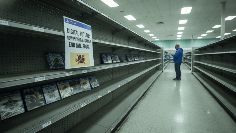 A wide shot of an electronics store aisle with mostly empty shelves, a sign "DIGITAL FUTURE: NEW PHYSICAL GAMES END JAN. 2028." is prominently displayed. A lone man in a blue hoodie stands far down the aisle.