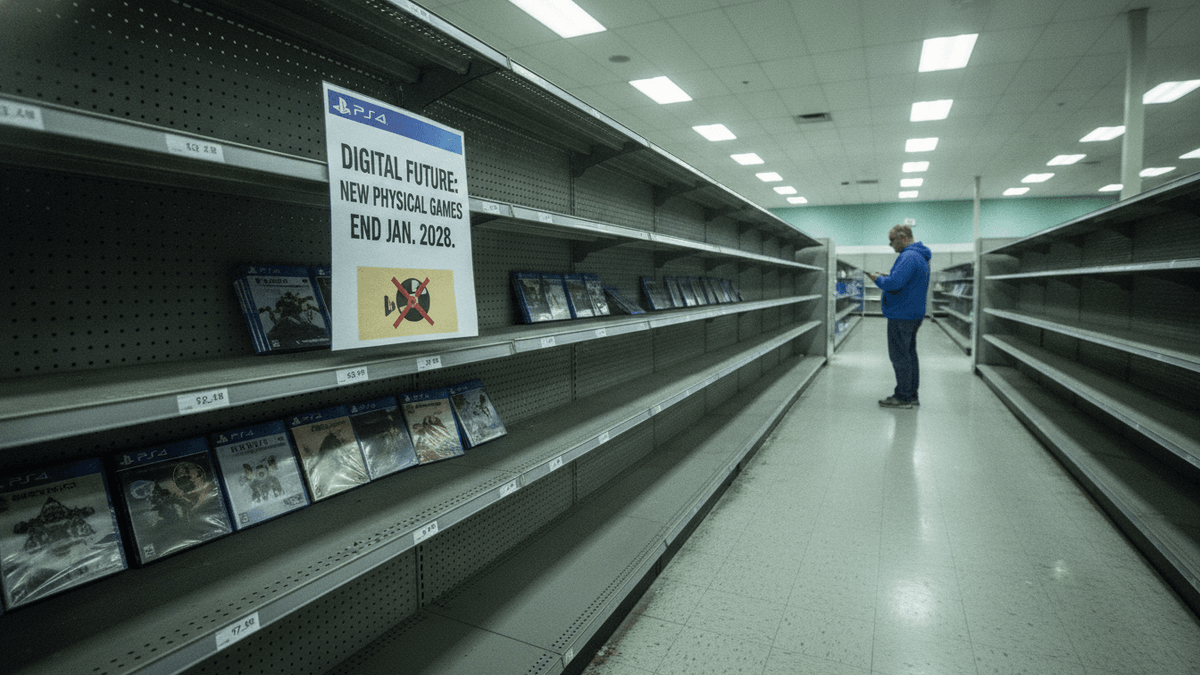 A wide shot of an electronics store aisle with mostly empty shelves, a sign "DIGITAL FUTURE: NEW PHYSICAL GAMES END JAN. 2028." is prominently displayed. A lone man in a blue hoodie stands far down the aisle.
