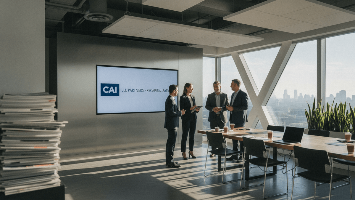 Four professionals in business attire stand in a modern conference room with a large screen displaying "CAI JLL PARTNERS - RECAPITALIZATION".
