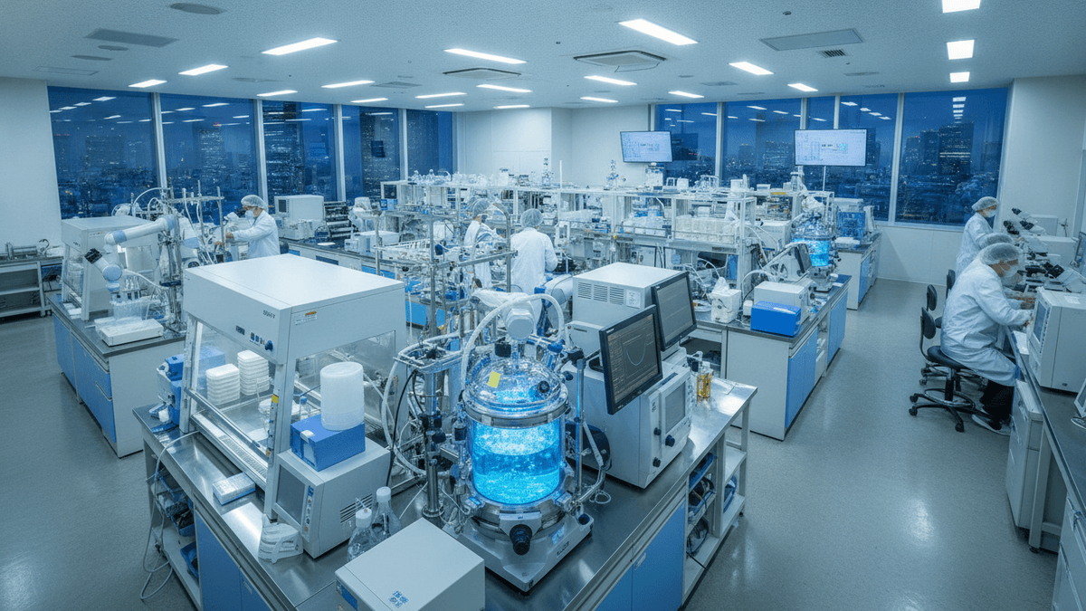 An ultra-realistic, wide-angle editorial photograph showing a Japanese regenerative medicine laboratory at night, with several researchers in white lab coats working amidst complex machinery and glowing blue bioreactors.