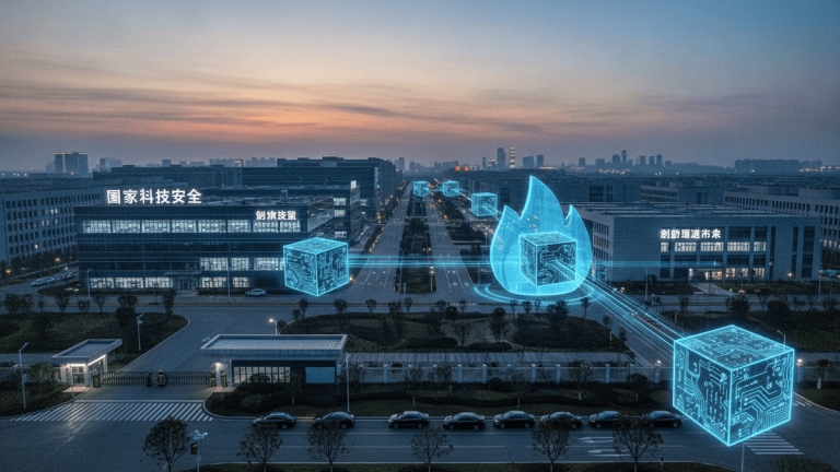 An aerial view of a large industrial park at dawn, with geometric glowing blue data visualizations superimposed over buildings and roads, indicating AI and chip tech.