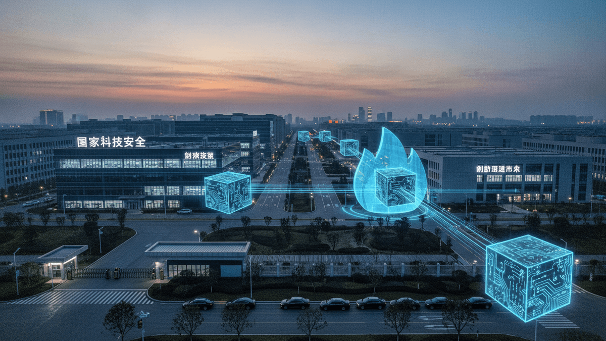 An aerial view of a large industrial park at dawn, with geometric glowing blue data visualizations superimposed over buildings and roads, indicating AI and chip tech.
