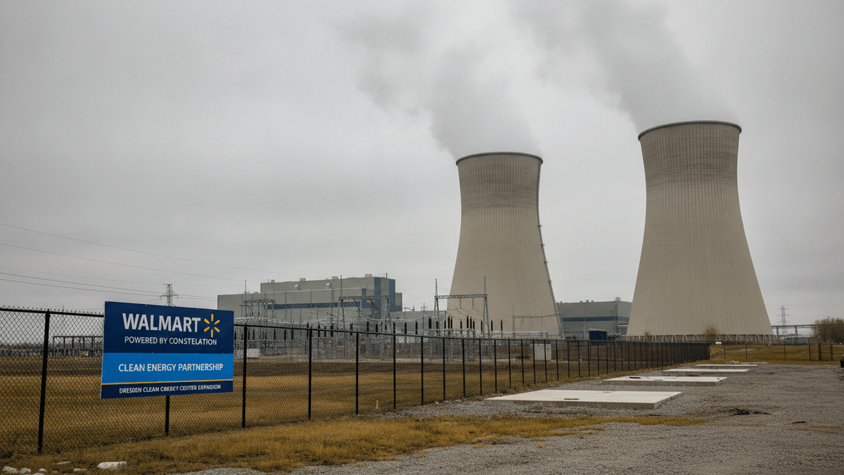 A wide shot of the Dresden Clean Energy Center with two large cooling towers emitting steam under a grey sky. In the foreground, a blue sign reads "Walmart powered by Constellation, Clean Energy Partnership."
