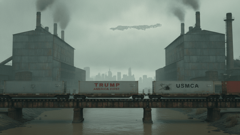 A freight train crosses a bridge over a river, featuring containers labeled "TRUMP AMERICA FIRST" and "USMCA," with industrial buildings and a city skyline in the background under an overcast sky.
