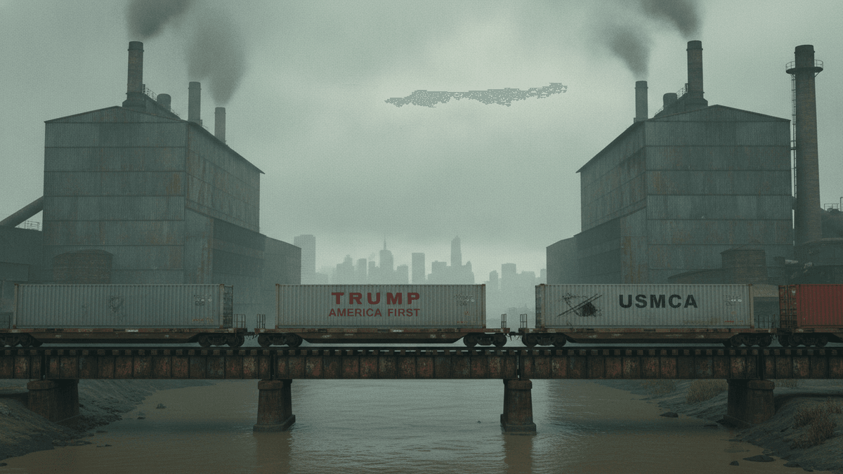 A freight train crosses a bridge over a river, featuring containers labeled "TRUMP AMERICA FIRST" and "USMCA," with industrial buildings and a city skyline in the background under an overcast sky.