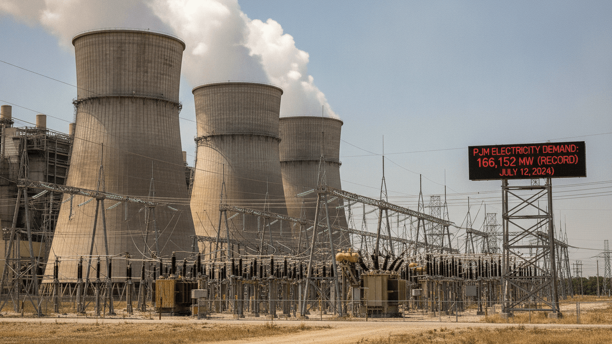 A large power plant with three cooling towers emitting steam, surrounded by a complex network of transformers and power lines, with a digital sign in the foreground displaying "PJM ELECTRICITY DEMAND: 166,152 MW (RECORD) JULY 12, 2024".