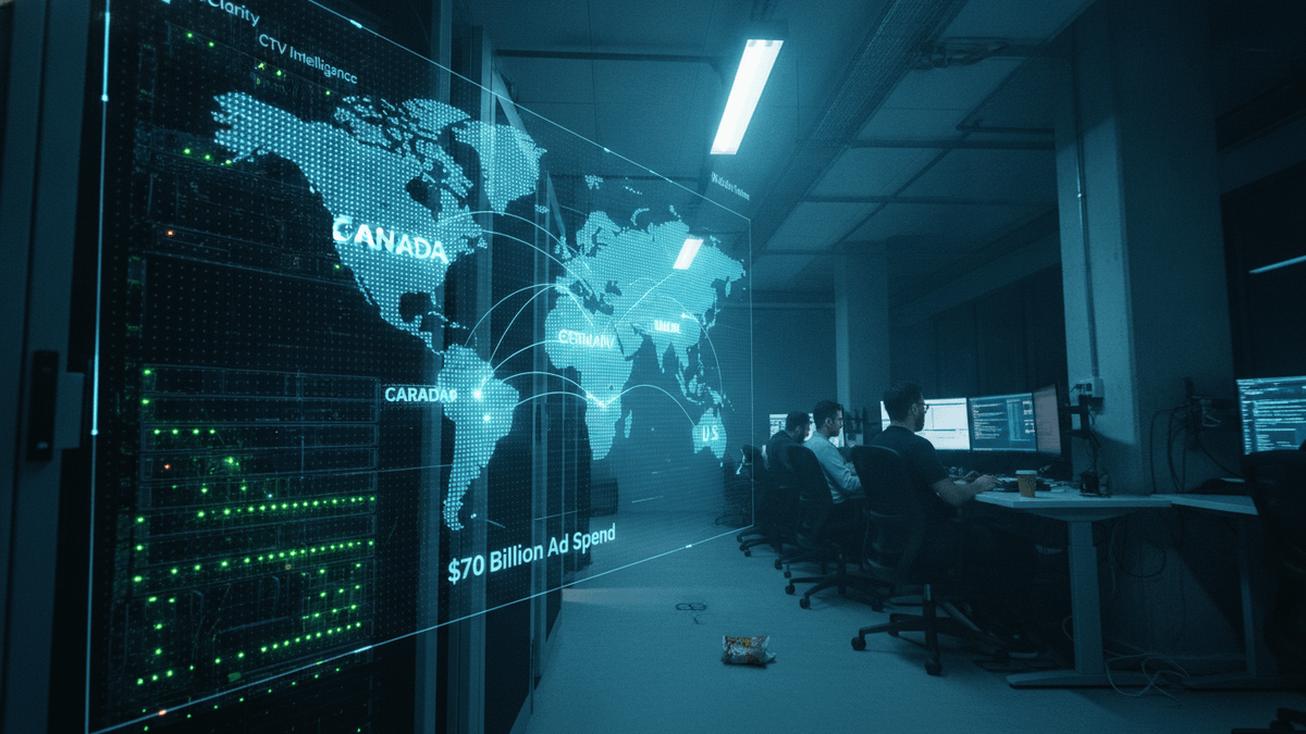 An interior shot of a data center with rows of server racks glowing green. A transparent overlay shows a world map with highlighted countries and lines connecting them, displaying "Canada," "Germany," "UK," "US," and "70 Billion Ad Spend." Several people are seated at desks in the background, working on computers in a dimly lit, cool-toned room.