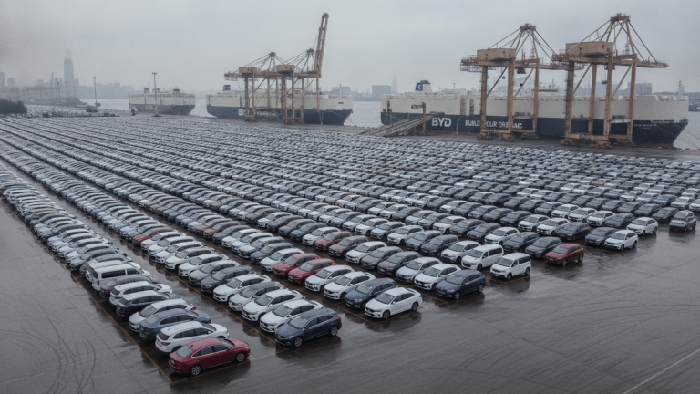 An aerial view of a vast port terminal filled with hundreds of new BYD cars parked in rows, with large cargo ships and cranes in the background under an overcast sky.