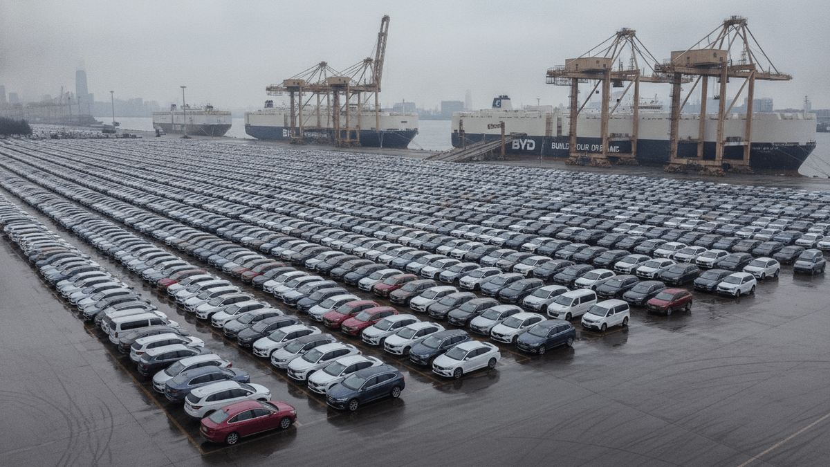 An aerial view of a vast port terminal filled with hundreds of new BYD cars parked in rows, with large cargo ships and cranes in the background under an overcast sky.