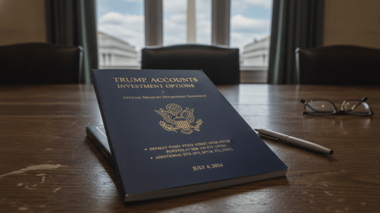 A dark blue booklet titled "Trump Accounts Investment Options" rests on a wooden conference table, next to a pen and eyeglasses.