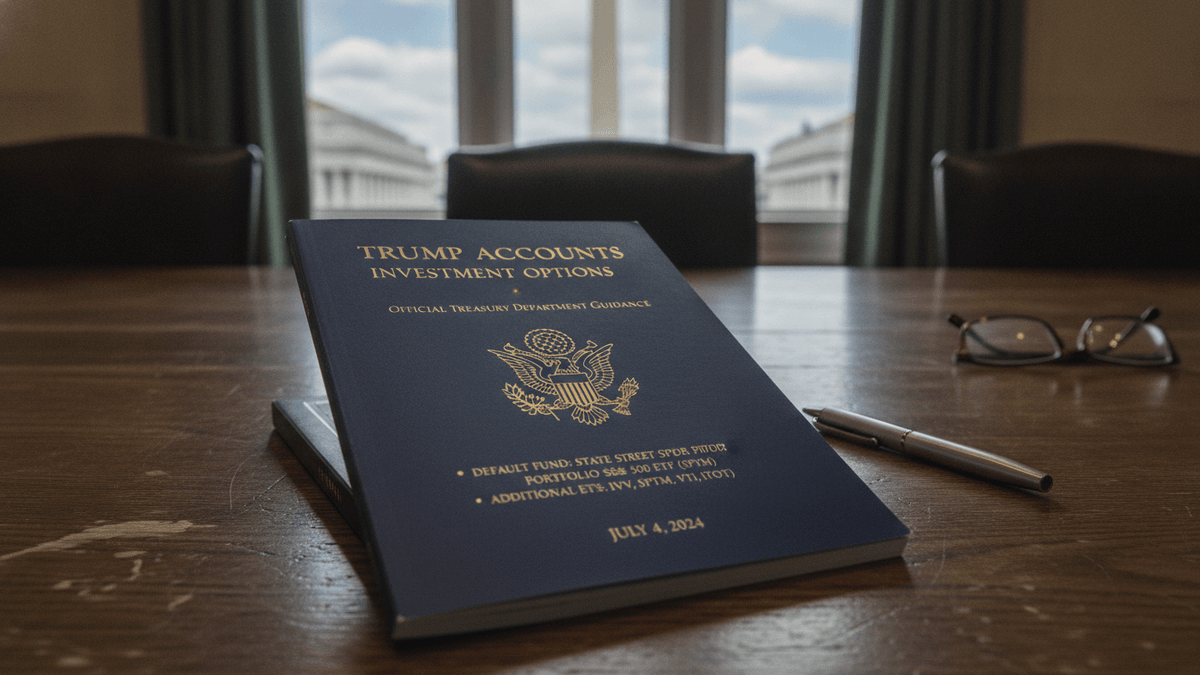 A dark blue booklet titled "Trump Accounts Investment Options" rests on a wooden conference table, next to a pen and eyeglasses.