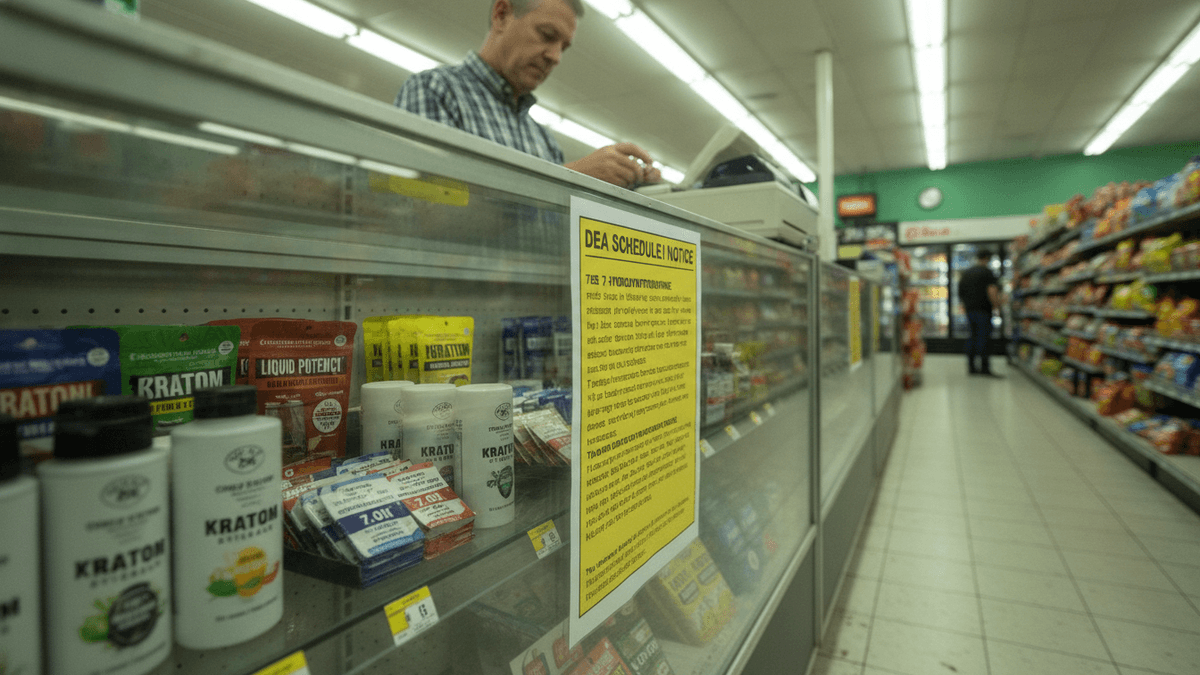 A yellow DEA notice about 7-hydroxymitragynine schedule change taped to a glass display case in a convenience store.