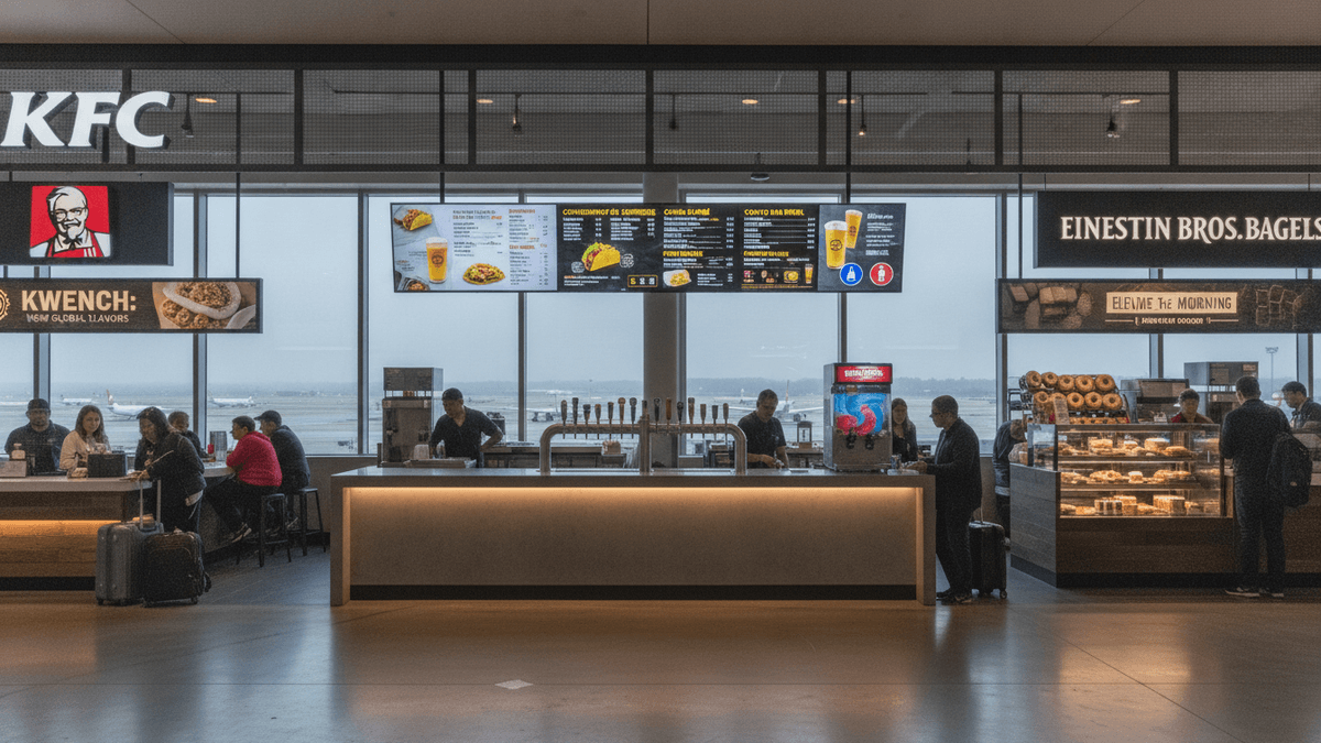 Wide shot of an airport food court with KFC and Einstein Bros. Bagels signs. Customers are at counters and tables.