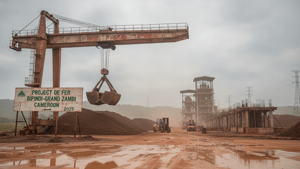 An industrial site with a large red gantry crane over mounds of dark ore. A sign reads "PROJET DE FER BIPINDI-GRAND ZAMBI CAMEROON 2025."