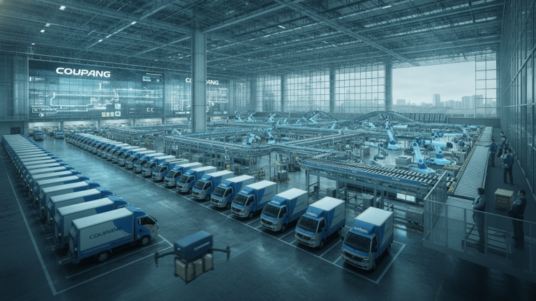 An ultra-realistic photograph shows a vast, modern automated logistics warehouse, possibly a Coupang fulfillment center. Rows of blue and white delivery vans are parked in the foreground, ready for dispatch. In the middle ground, an intricate system of conveyor belts and robotic arms efficiently sorts packages within the expansive, brightly lit facility. A prominent digital display screen, likely showing operational data or branding, is visible on the far left wall. On the right, observation walkways overlook the automated processes, with a few workers visible, observing operations. Large windows in the background reveal a city skyline under an overcast sky.