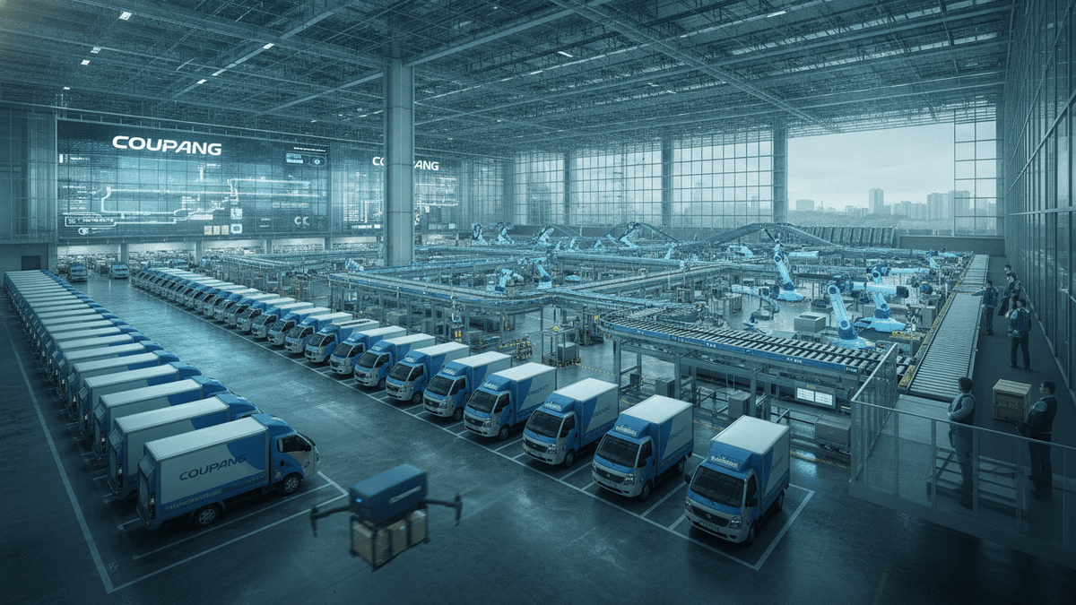 An ultra-realistic photograph shows a vast, modern automated logistics warehouse, possibly a Coupang fulfillment center. Rows of blue and white delivery vans are parked in the foreground, ready for dispatch. In the middle ground, an intricate system of conveyor belts and robotic arms efficiently sorts packages within the expansive, brightly lit facility. A prominent digital display screen, likely showing operational data or branding, is visible on the far left wall. On the right, observation walkways overlook the automated processes, with a few workers visible, observing operations. Large windows in the background reveal a city skyline under an overcast sky.