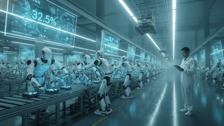 A long view of a modern factory floor with humanoid robots working on an assembly line. Digital data interfaces float above the robots.