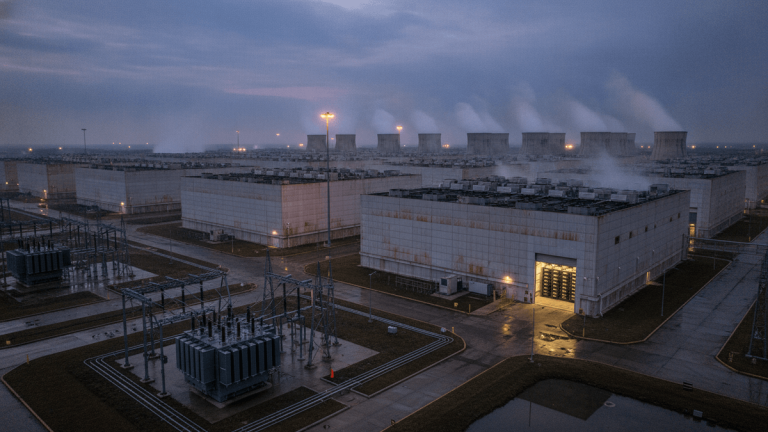 An aerial view of a massive data center complex at dusk, featuring rows of white, rectangular buildings and numerous cooling towers actively releasing steam into the twilight sky.