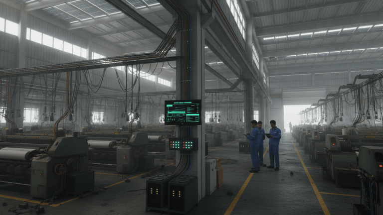 Wide shot inside a large textile factory. Three workers in blue uniforms observe a digital smart energy display mounted on a support pillar. Rows of green weaving machines extend into the background under diffuse daylight.