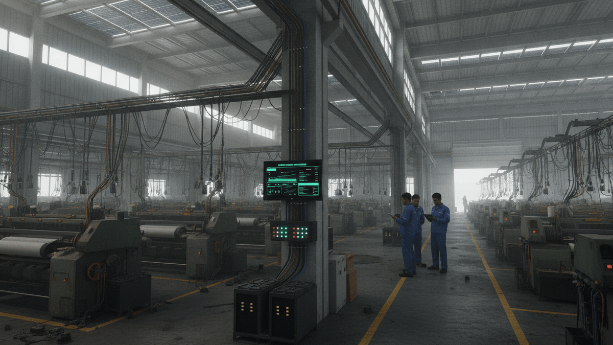 Wide shot inside a large textile factory. Three workers in blue uniforms observe a digital smart energy display mounted on a support pillar. Rows of green weaving machines extend into the background under diffuse daylight.