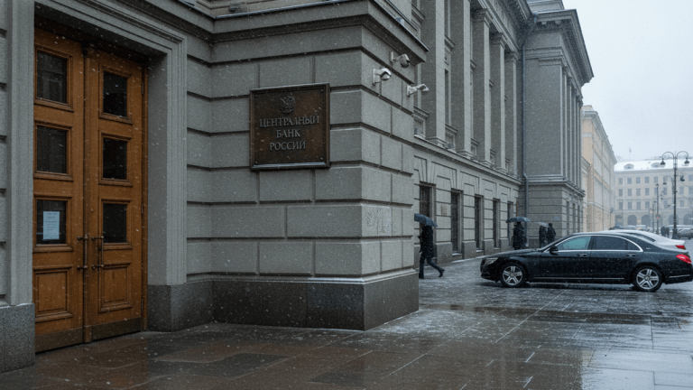 A wide shot of the Central Bank of Russia's stone facade on a snowy day, with a wooden door, security cameras, and two people with umbrellas passing by a parked black sedan.