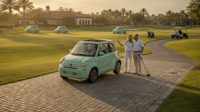 A man and a woman in golf attire stand on a paved path next to a mint green Fiat Topolino. Other Topolinos and golf carts are visible on the course.