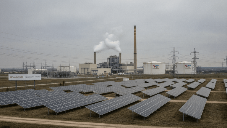 An industrial landscape under an overcast sky features a foreground of ground-mounted solar panels. In the middle ground are two large white storage tanks with the TotalEnergies logo. In the background, a large power plant with multiple smokestacks emits steam and smoke. Power lines and transmission towers crisscross the scene.