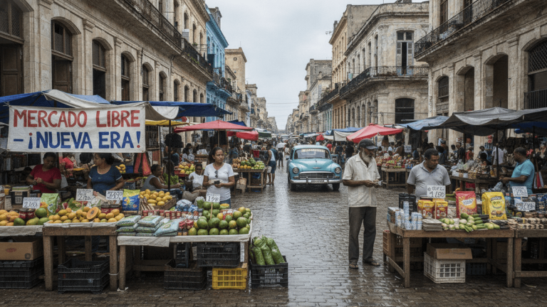 A wide street scene in Havana on a rainy day, with open-air market stalls lining both sides. People mill about the market, which features produce and various goods. A vintage blue car is parked in the middle of the street.