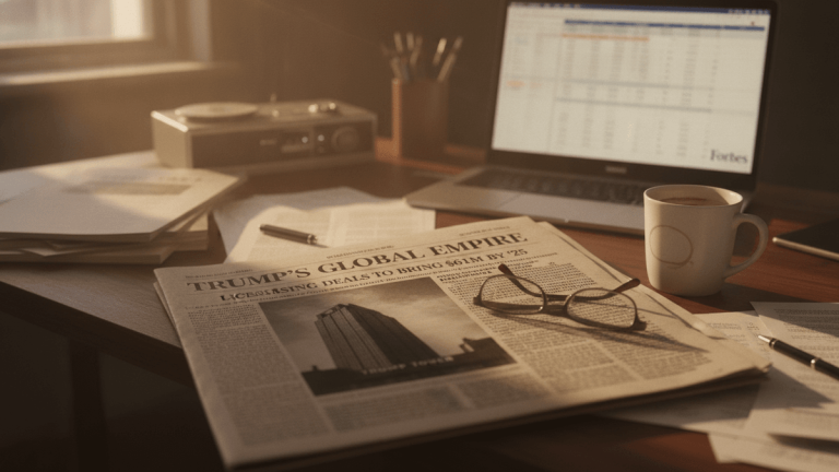 A newspaper with a headline about "Trump's Global Empire" lies on a wooden desk, next to a laptop displaying financial data.