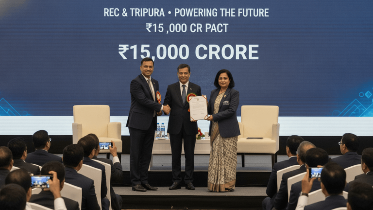 Three people, two men and one woman, stand on a stage shaking hands, holding a signed document. A large screen behind them reads "REC & Tripura • Powering the Future ₹15,000 CR PACT." An audience watches.