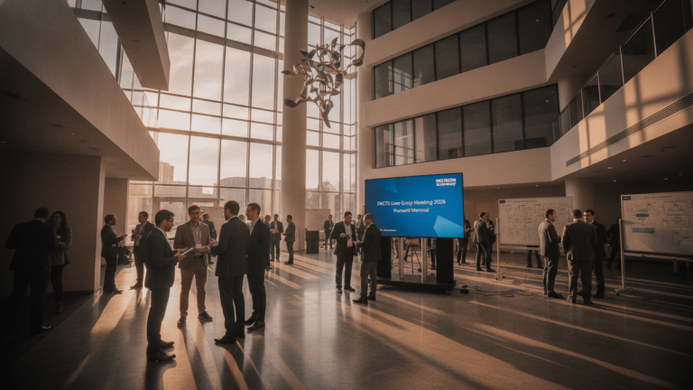 A wide shot of a modern hotel lobby filled with business professionals networking. A large digital sign displays "Hitachi Energy FACTS User Group Meeting 2026."