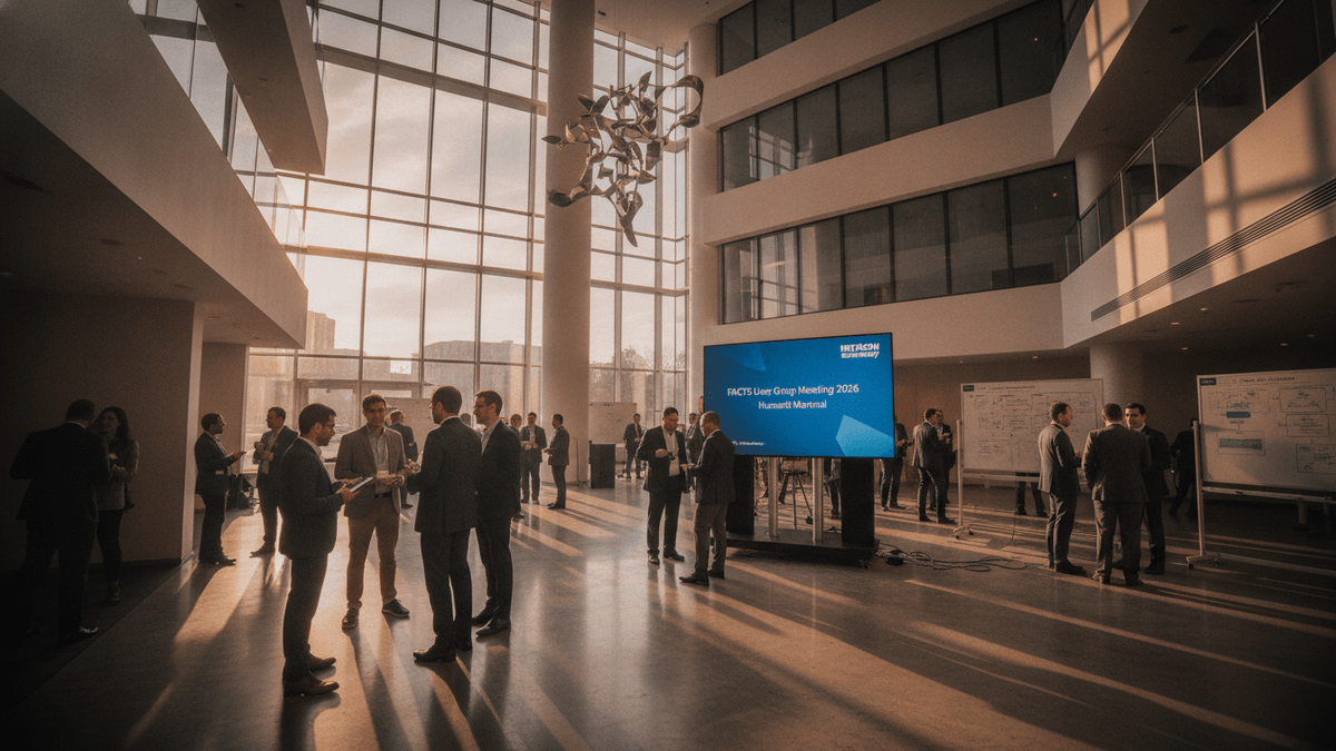 A wide shot of a modern hotel lobby filled with business professionals networking. A large digital sign displays "Hitachi Energy FACTS User Group Meeting 2026."