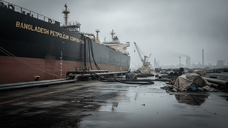 A large oil tanker, labeled "BANGLADESH PETROLEUM CORPORATION," docked alongside a wet, industrial pier under an overcast sky.