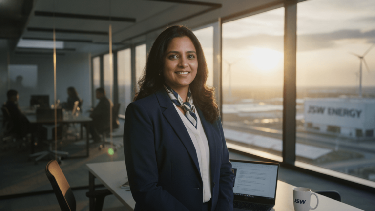 Anusha R smiling in an office with a view of wind turbines and a JSW Energy building at sunset.