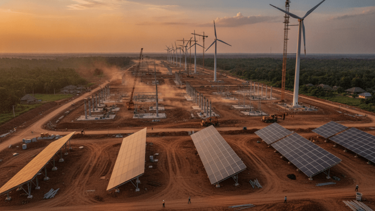 An aerial view of a large-scale renewable energy construction site at sunset, featuring multiple wind turbines and rows of solar panels.