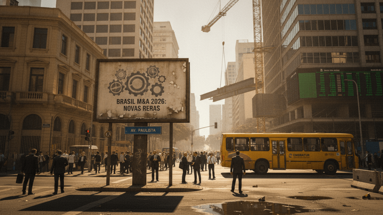 A wide street in a Brazilian city, with a prominent billboard, tall buildings, a yellow bus, and pedestrians.