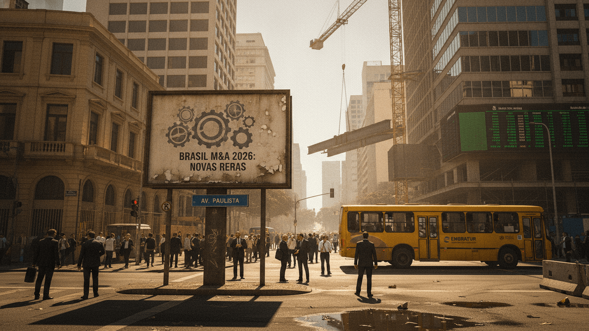 A wide street in a Brazilian city, with a prominent billboard, tall buildings, a yellow bus, and pedestrians.