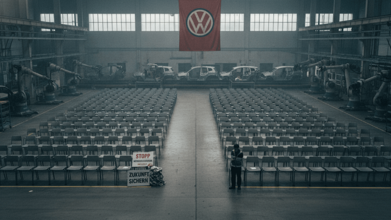 An expansive, dim factory floor with rows of empty chairs facing a distant red Volkswagen banner. Robotic arms and incomplete car frames are visible in the background, and a lone figure stands near protest signs.