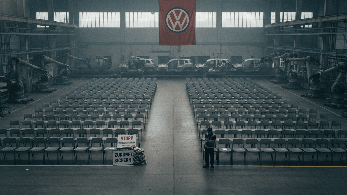 An expansive, dim factory floor with rows of empty chairs facing a distant red Volkswagen banner. Robotic arms and incomplete car frames are visible in the background, and a lone figure stands near protest signs.