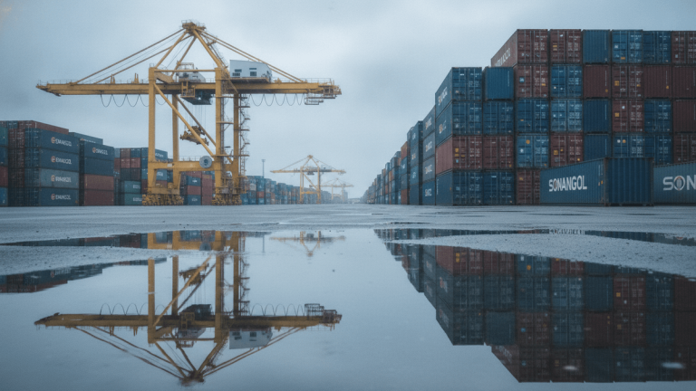 An ultra-realistic photograph of a vast, wet container terminal under a cloudy sky. Stacked shipping containers, some bearing the "SONANGOL" logo, recede into the distance. Large yellow gantry cranes are visible in the middle ground, with one prominently reflected in a shallow puddle on the tarmac.