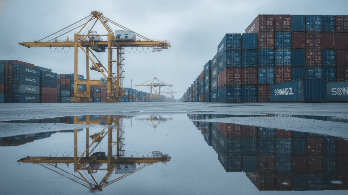 An ultra-realistic photograph of a vast, wet container terminal under a cloudy sky. Stacked shipping containers, some bearing the "SONANGOL" logo, recede into the distance. Large yellow gantry cranes are visible in the middle ground, with one prominently reflected in a shallow puddle on the tarmac.