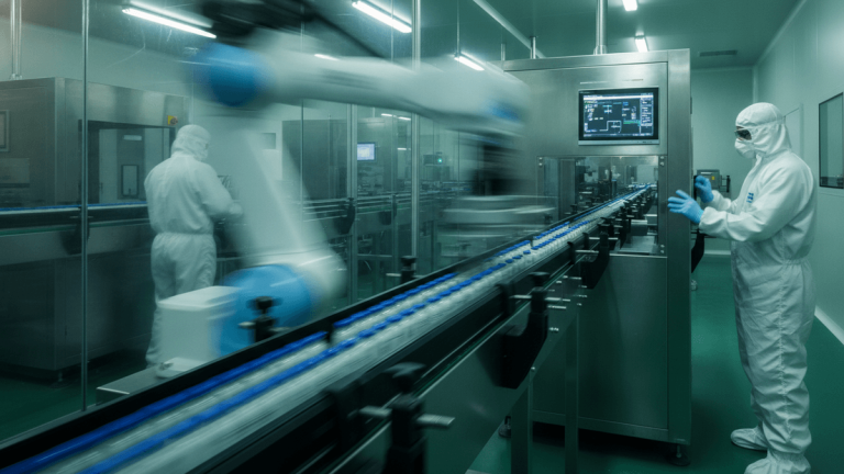 A pharmaceutical cleanroom with a worker in a hazmat suit observing a conveyor belt with vials, and a robotic arm blurred in motion.