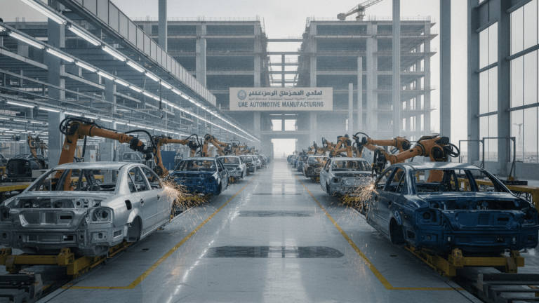 An ultra-realistic photograph inside a massive automotive factory with two lines of car bodies being welded by robotic arms, sparks flying.